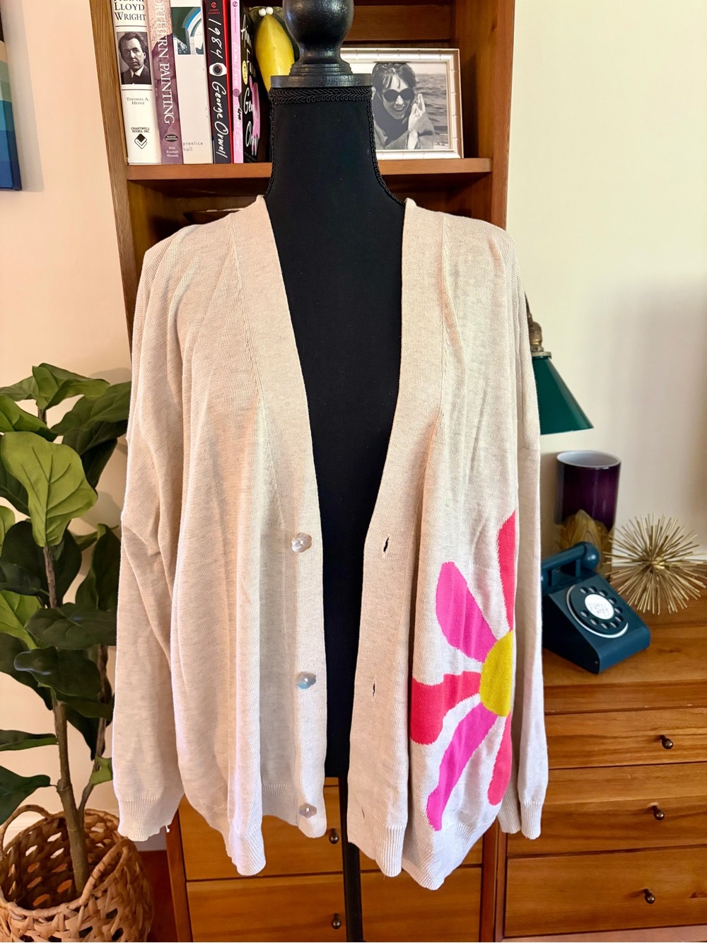 NATURAL LIFE Cream/Tan Cardigan with Pink & Yellow Floral Side Graphic